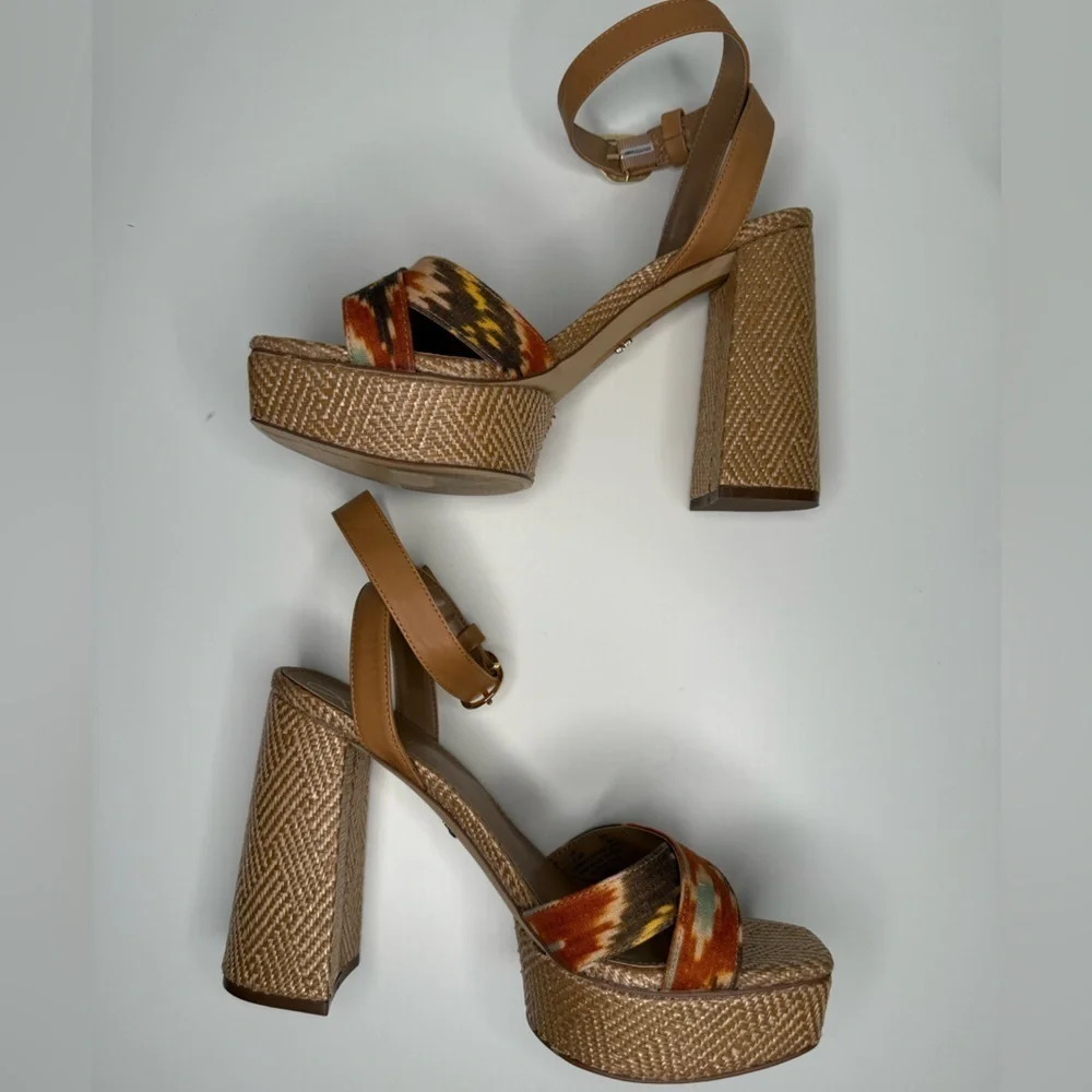 Sam Edelman Women's Nolita Raffia Platform Sandals Size 10.5M Leather Boho Print